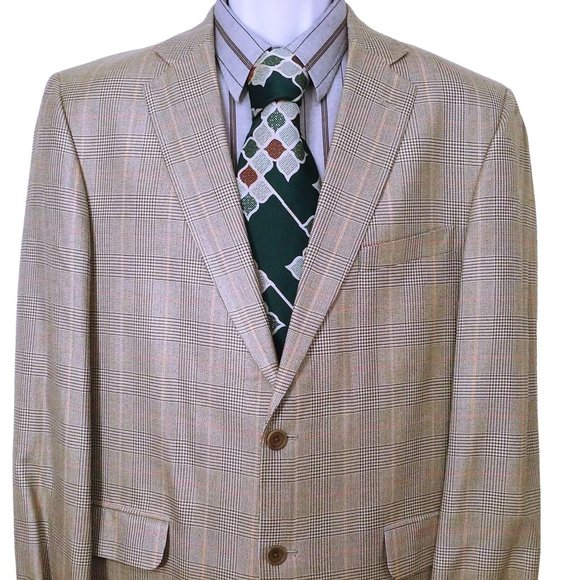 Vintage 90s-Y2K Blazer 100% Silk Suit Jacket Men-42L Fitted 2-Button Olive Plaid - Picture 2 of 10